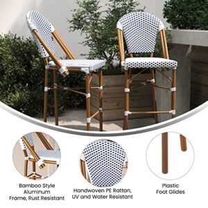 Flash Furniture Lourdes Commercial Grade Bistro Bar Height Stool, Stackable Indoor/Outdoor Dining Stool, 30" High, White/Navy and Bamboo Finish, Set of 2