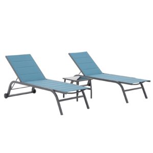 Patiorama Outdoor Patio Chaise Lounge Chair Set of 3, Dark Grey Aluminum Textilene Padded Adjustable Recliner w/Wheels, Side Table, Pool Lounger All Weather for Beach, Yard, Balcony (Turquoise Blue)