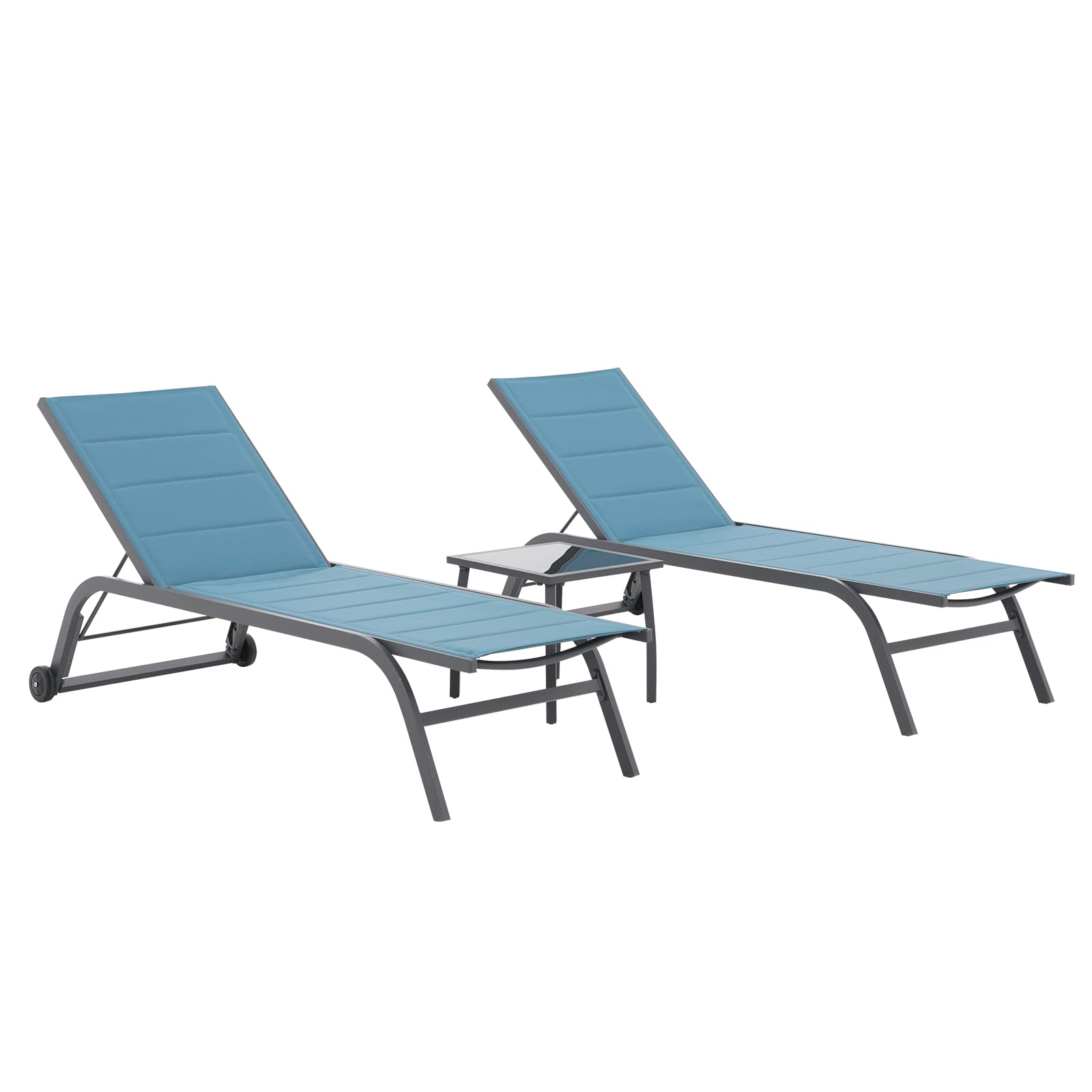 Patiorama Outdoor Patio Chaise Lounge Chair Set of 3, Dark Grey Aluminum Textilene Padded Adjustable Recliner w/Wheels, Side Table, Pool Lounger All Weather for Beach, Yard, Balcony (Turquoise Blue)