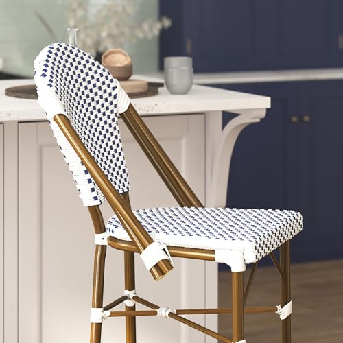 Flash Furniture Lourdes Commercial Grade Bistro Bar Height Stool, Stackable Indoor/Outdoor Dining Stool, 30" High, White/Navy and Bamboo Finish, Set of 2