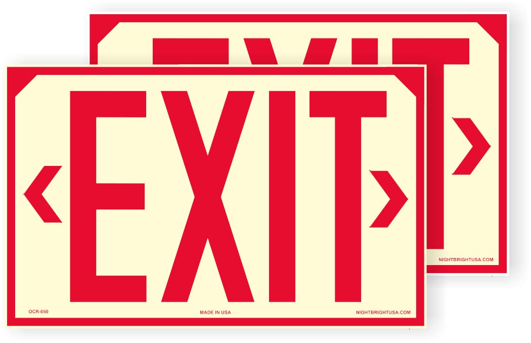 OSHA Photoluminescent Exit Sign | Pack of 2 | UV Inks on Aluminum | HEAT Resistant | COLD Tolerant | WEATHER Proof. NightBright USA Part: OCR-050 II