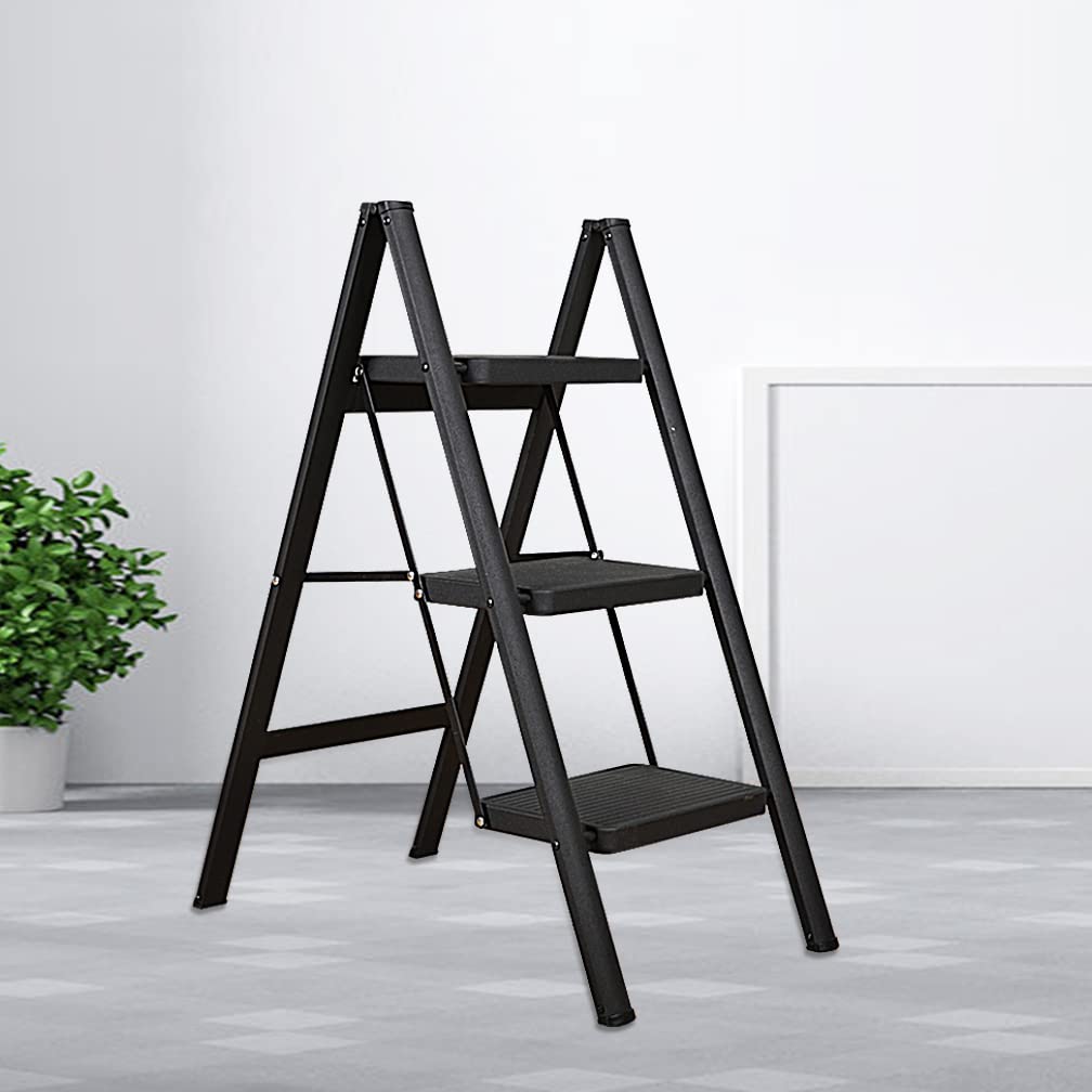 Hershii Portable 3 Step Ladder Folding Step Stool with Anti-Slip Sturdy and Wide Pedal Steel Metal Stepladder Home Storage Shelf Plant Stand Bookshelf for Kitchen, Garden, Office, Garage - Black