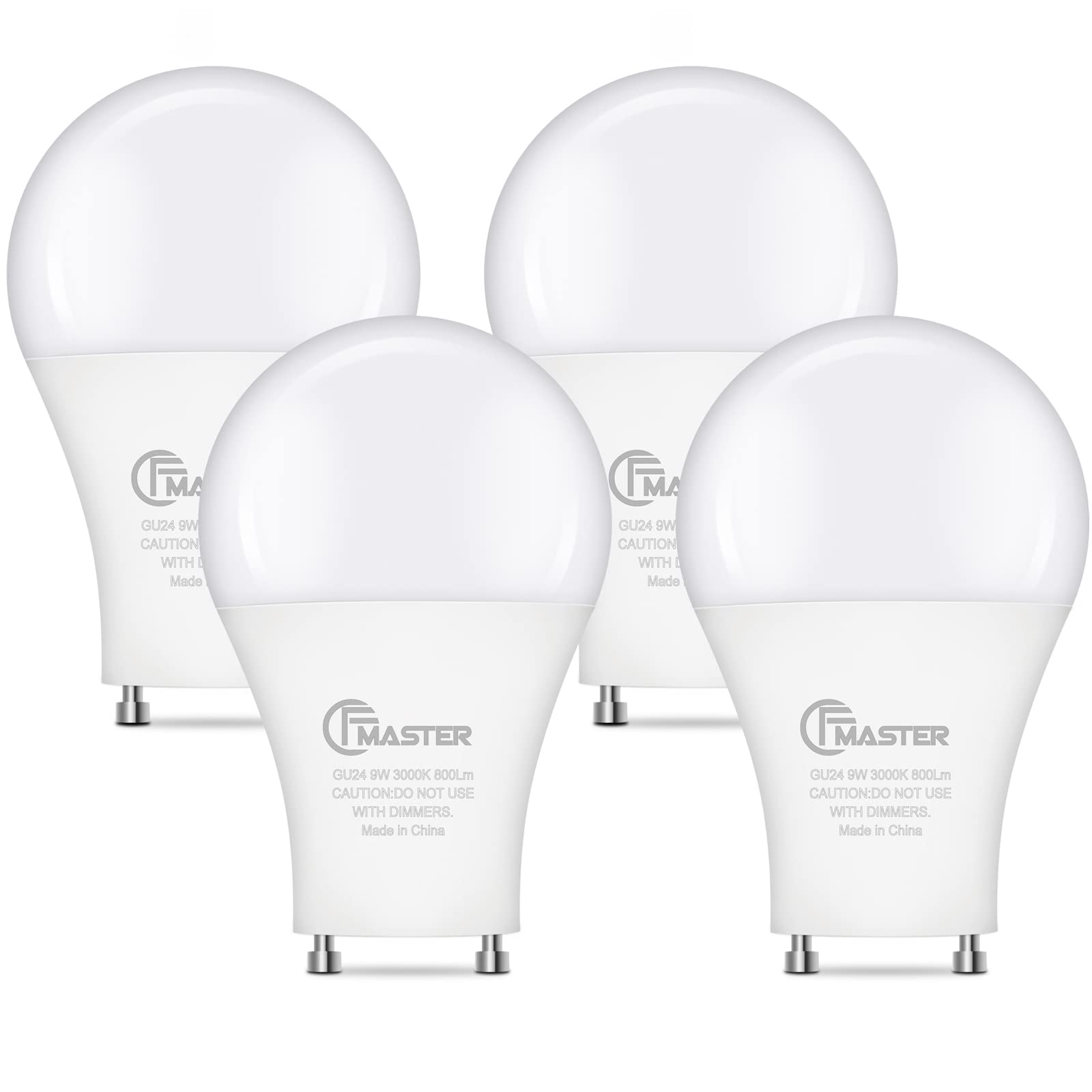 CFMASTER GU24 LED Light Bulb, 5000K Daylight, 9W(100W Equivalent), 800 Lumens, A19 Shape GU24 LED Bulbs, Twist and Lock GU24 Pin Base with Two Prongs, Non-Dimmable, UL ETL Certificated(4-Pack)