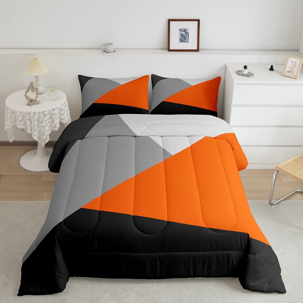 Orange And Gray Comforter Set Queen Patchwork Geometric Triangle Bedding Set Orange Black Light Grey Down Comforter For Kids Adults Modern Simple Abstract Geometry Quilt Duvet Insert 2 Pillow Cases