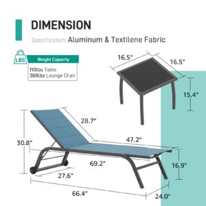 Patiorama Outdoor Patio Chaise Lounge Chair Set of 3, Dark Grey Aluminum Textilene Padded Adjustable Recliner w/Wheels, Side Table, Pool Lounger All Weather for Beach, Yard, Balcony (Turquoise Blue)