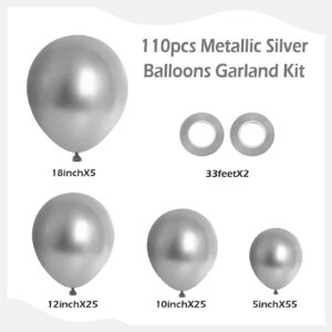 FOTIOMRG 110pcs Metallic Silver Balloon Garland Arch Kit, 18 12 10 5 inch Chrome Silver Latex Balloons Different Sizes Pack for Birthday Graduation Baby Shower Disco Wedding Party Decorations