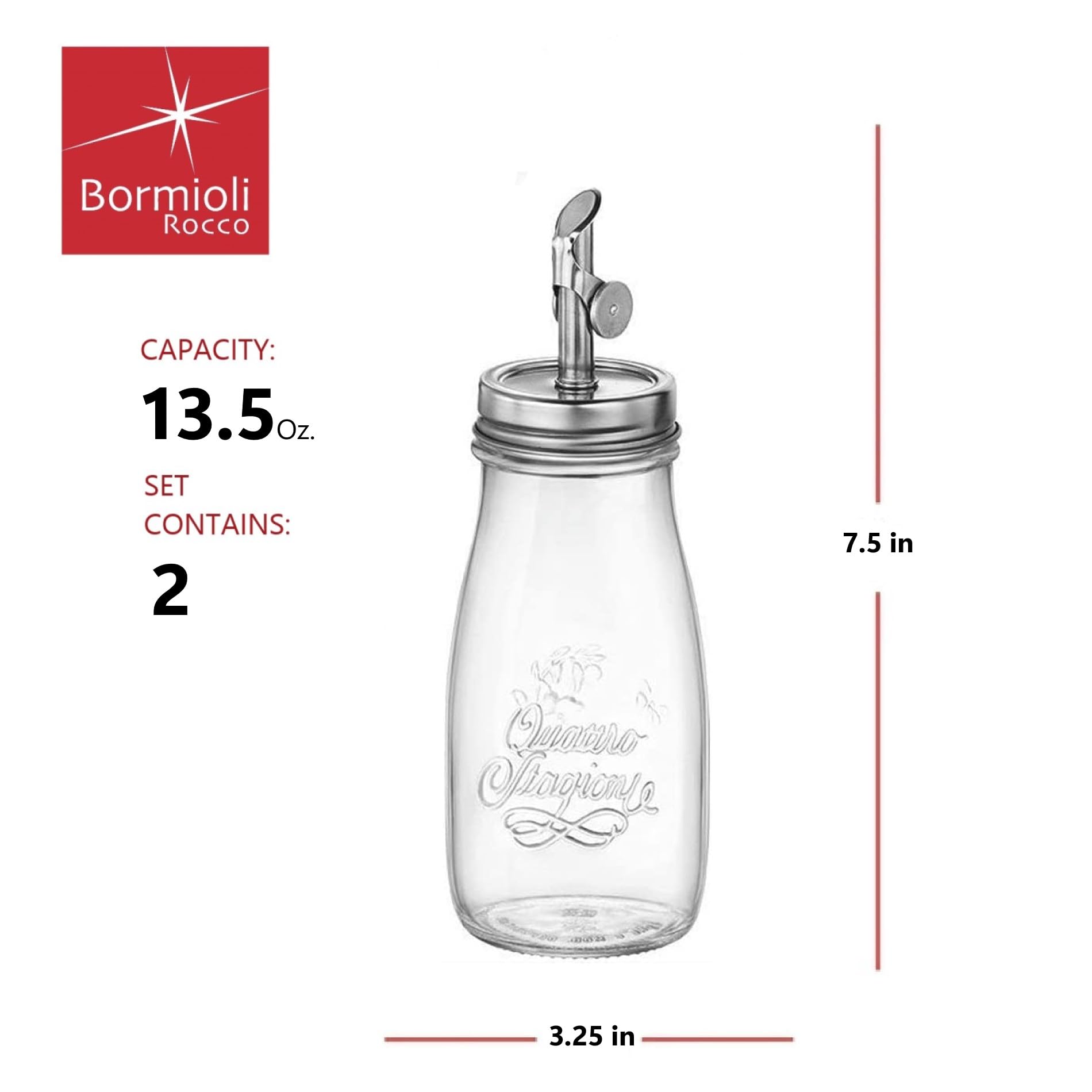 Bormioli Rocco Quattro Stagioni, 2 Pack, 13.5 Oz Olive Oil Dispensers With Weighted Pourer, Durable Glass, Made In Italy.