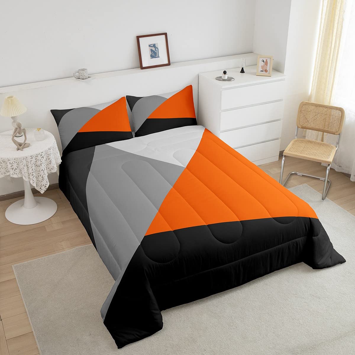 Orange And Gray Comforter Set Queen Patchwork Geometric Triangle Bedding Set Orange Black Light Grey Down Comforter For Kids Adults Modern Simple Abstract Geometry Quilt Duvet Insert 2 Pillow Cases