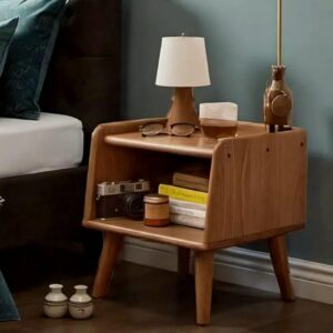 vadisun solid wood bedside table, mid century modern nightstand with open storage - medium size for bedroom (walnut)