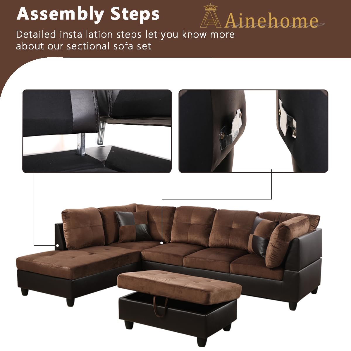 A Ainehome Sectional Sofa Set for Living Room, L Shape Sectional Couch with Large Storage Ottoman for Apartment, Living Room Furniture Set for Home (Left Hand Facing, B-Chocolate)