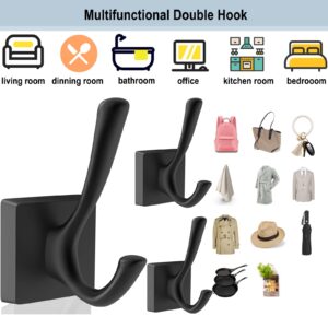 TOFIIGREM Black Wall Hooks Coat Hooks, Mudroom Hooks Bathroom Hallway Hooks for Hanging Clothes Robe Towel Backpack, Heavy Duty Decorative Hooks Modern Double Towel Hooks (4 Pack, Black)