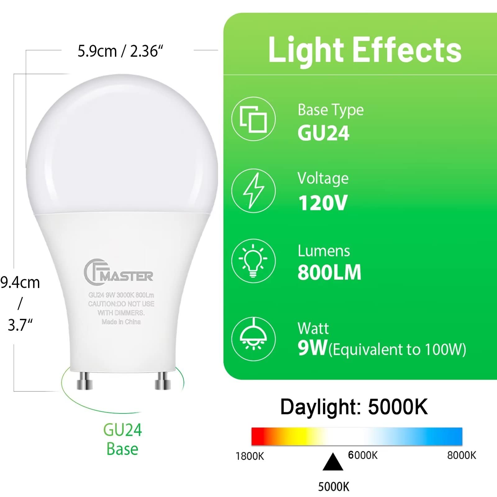 CFMASTER GU24 LED Light Bulb, 5000K Daylight, 9W(100W Equivalent), 800 Lumens, A19 Shape GU24 LED Bulbs, Twist and Lock GU24 Pin Base with Two Prongs, Non-Dimmable, UL ETL Certificated(4-Pack)