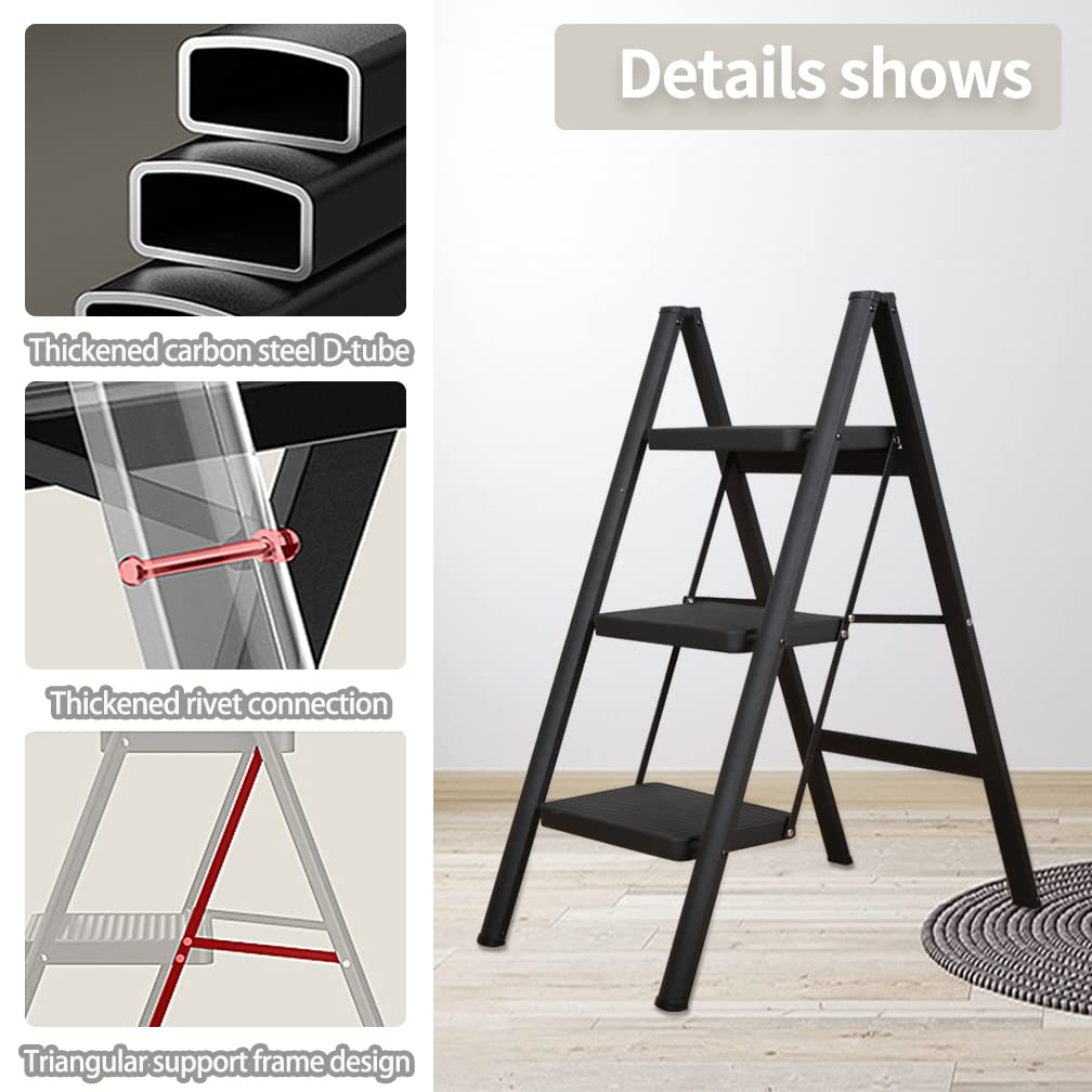 Hershii Portable 3 Step Ladder Folding Step Stool with Anti-Slip Sturdy and Wide Pedal Steel Metal Stepladder Home Storage Shelf Plant Stand Bookshelf for Kitchen, Garden, Office, Garage - Black