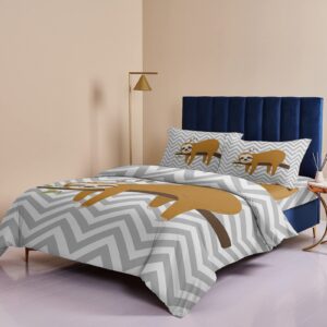 4 pieces duvet cover california king bedding sets cute sloth on branch for bedroom decor,ultra soft luxury comforter cover set with bed sheet and pillow shams geometric gray white chevron stripes