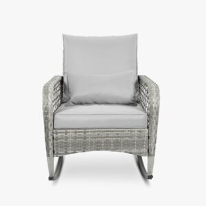 CIRMUBUY 3-Piece Outdoor Furniture Set, Patio Conversation Chair, Wicker Cushioned Patio Rocker with Side Table for Porch, Garden, Poolside & Deck, Light Grey