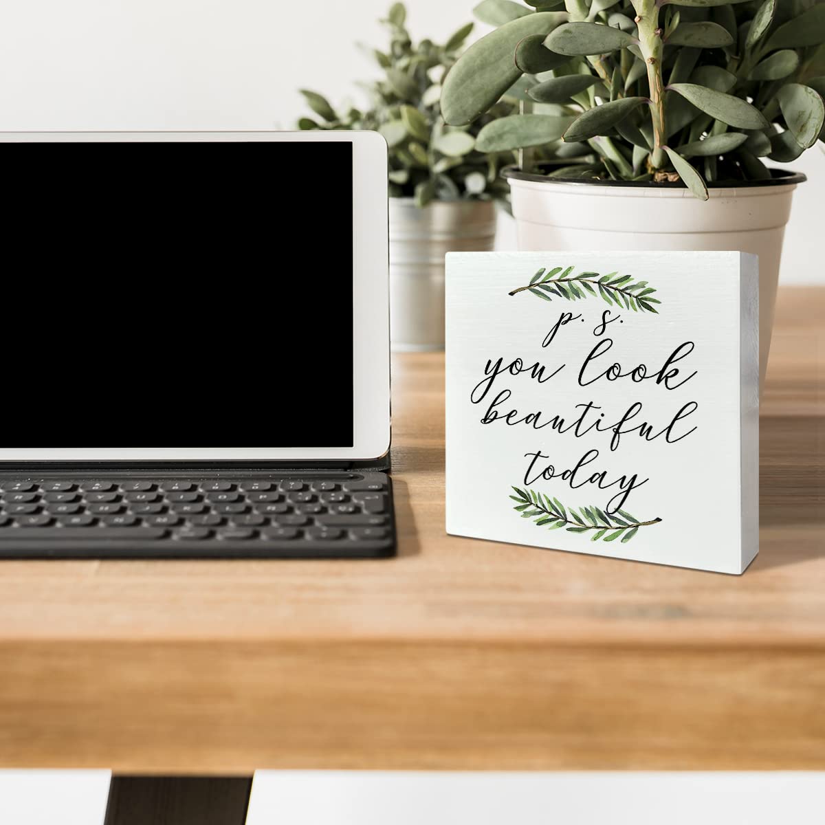 Home Office Desk Wooden Box Sign Decor, You Look Beautiful Today, Inspirational Quotes Desk Decor Motivational Desk Decorations for Women Girls Teens Student Office Classroom School