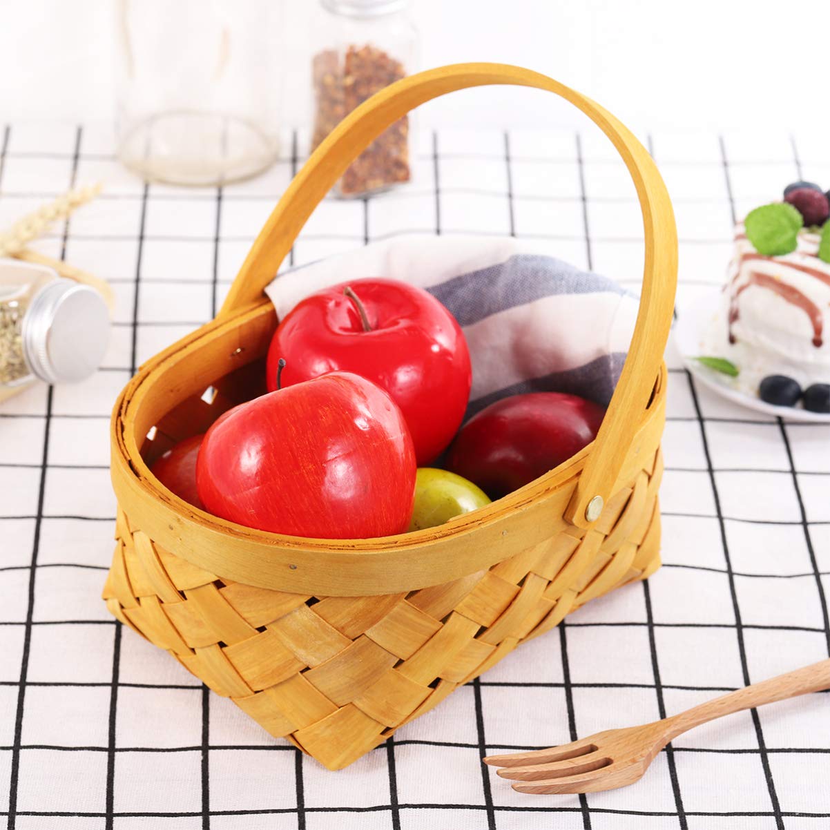 Wooden Small Woven Basket, 8.4 x 6.2 x 3.9 inch Portable Handmade Rattan Storage Container with Handle - Easter Baskets for Collecting Eggs Portable Toilet