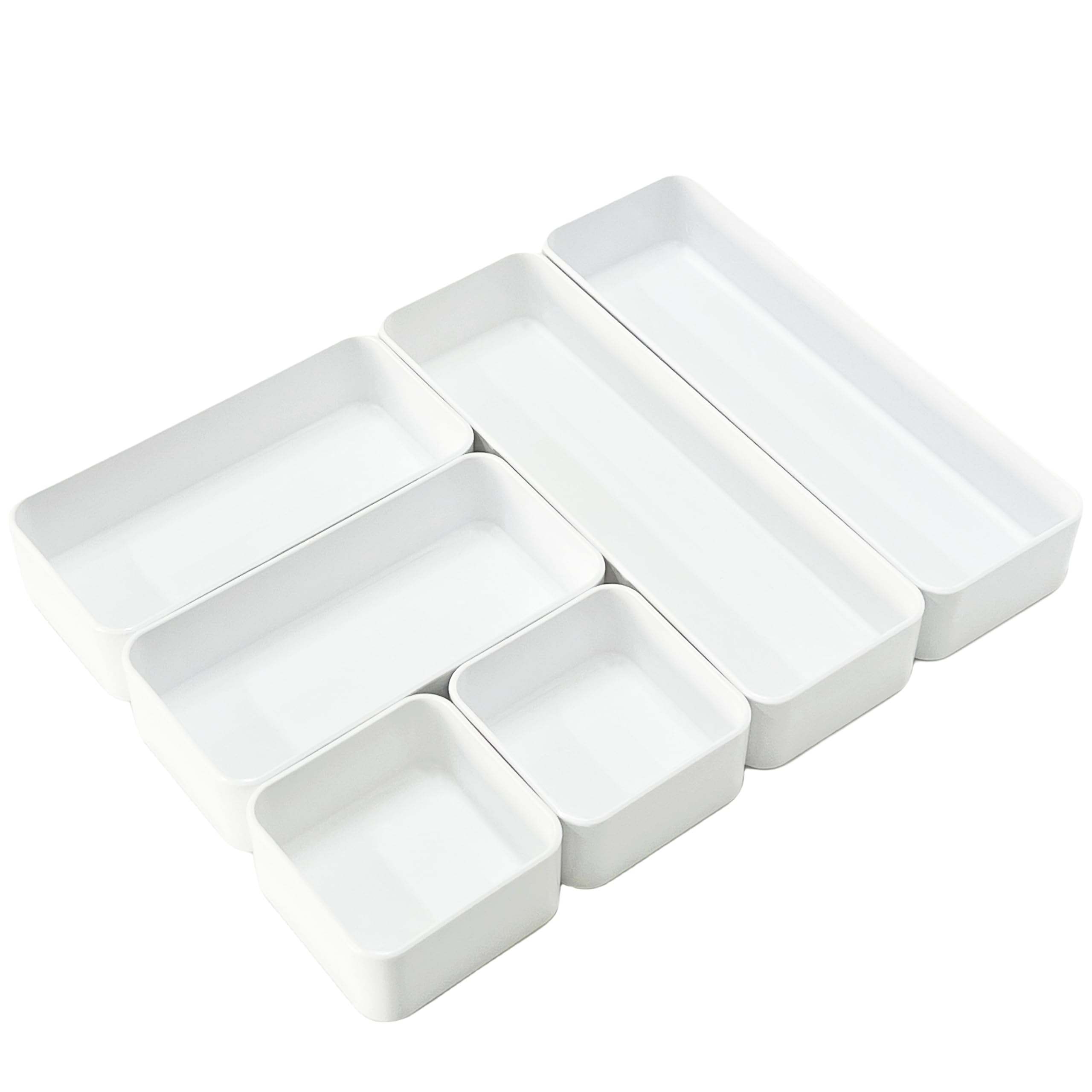 RAUVOLFIA Plastic Drawer Organizer Set, Bathroom Vanity Drawer Organizer Trays Dividers, Versatile Storage Bins for Makeup, Jewelry and Office, Desk, Bathroom, Bedroom, Kitchen (White-6 Pack)