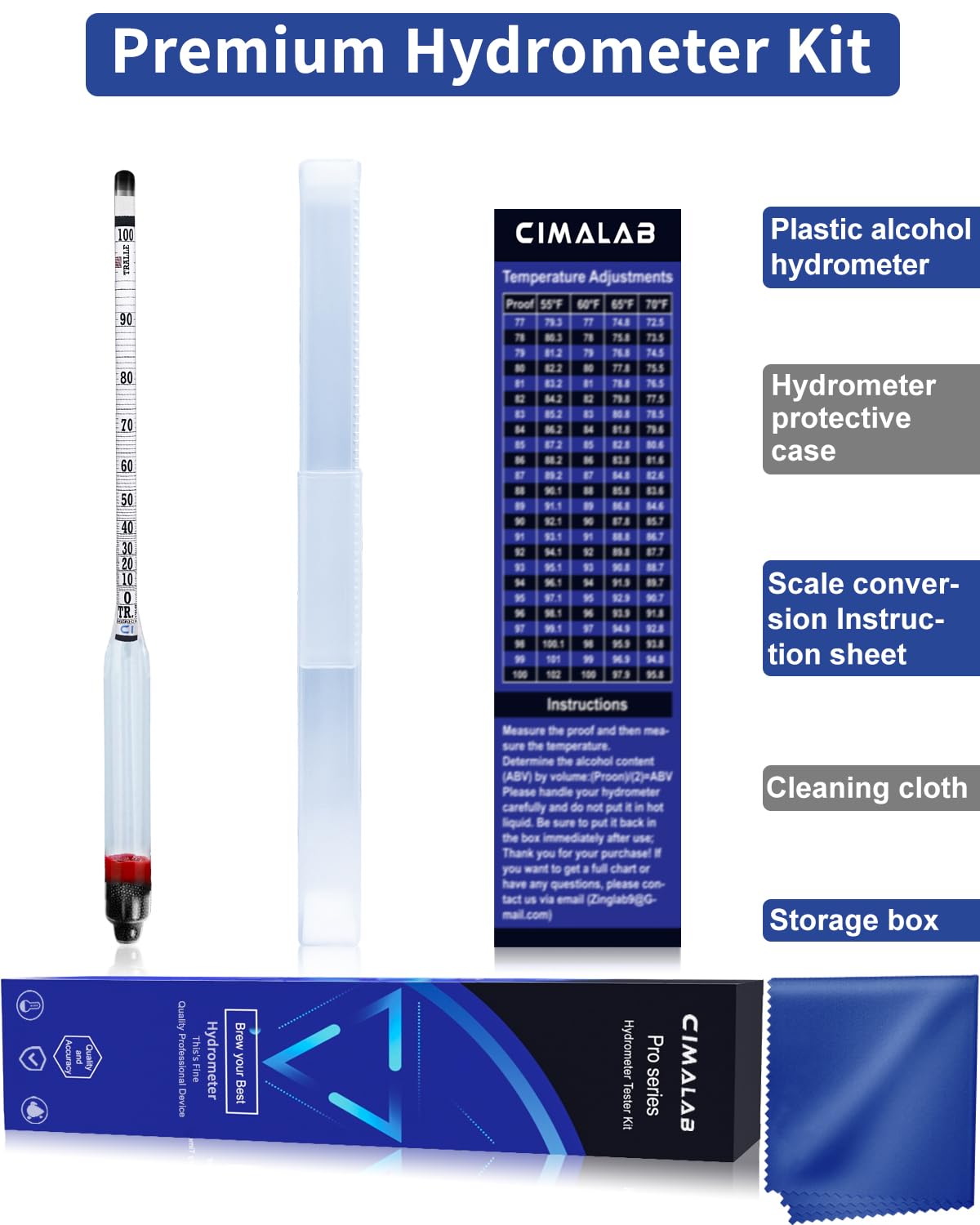 Cimalab Hydrometer Alcohol Meter, Hydrometer Alcohol 0-200 Proof and Tralle Alcohol Hydrometer, Alcohol Proof Tester Hydrometer, Alcohol Tester for Liquor/Moonshine/Spirits/Proofing/Distilled