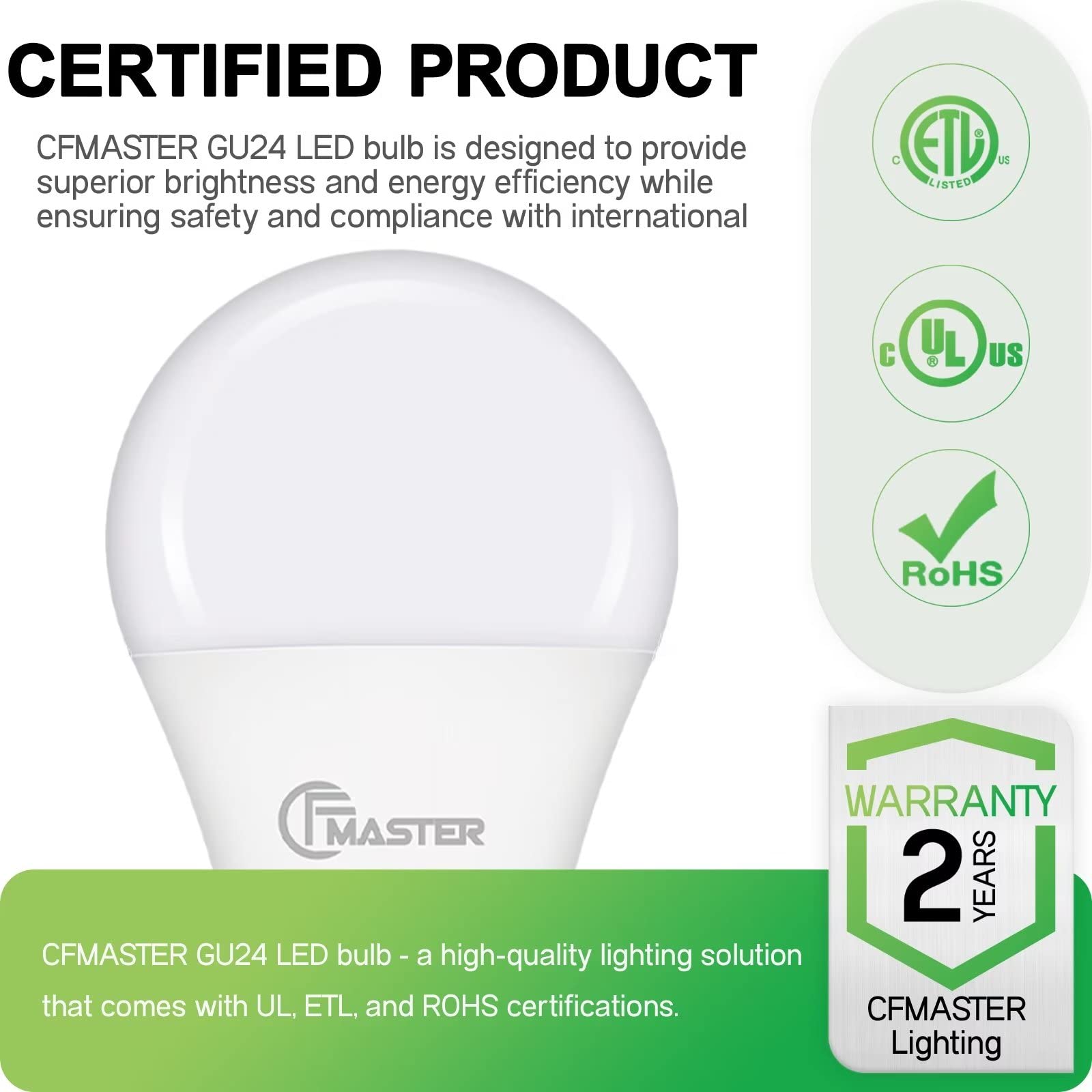 CFMASTER GU24 LED Light Bulb, 5000K Daylight, 9W(100W Equivalent), 800 Lumens, A19 Shape GU24 LED Bulbs, Twist and Lock GU24 Pin Base with Two Prongs, Non-Dimmable, UL ETL Certificated(4-Pack)