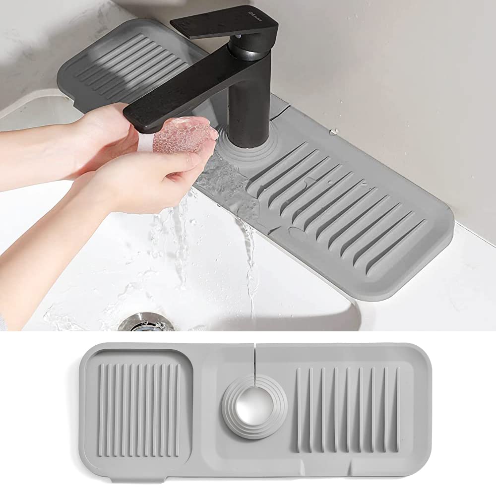 Gelecek Kitchen Sink Splash Guard, 14.6” x 5.5“ Silicone Sink Faucet Mat, Sink Draining Pad Behind Faucet, Faucet Splash Catcher, Keep Kitchen and Bathroom Sinks Dry, Grey