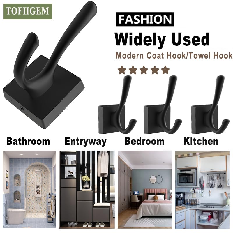 TOFIIGREM Black Wall Hooks Coat Hooks, Mudroom Hooks Bathroom Hallway Hooks for Hanging Clothes Robe Towel Backpack, Heavy Duty Decorative Hooks Modern Double Towel Hooks (4 Pack, Black)