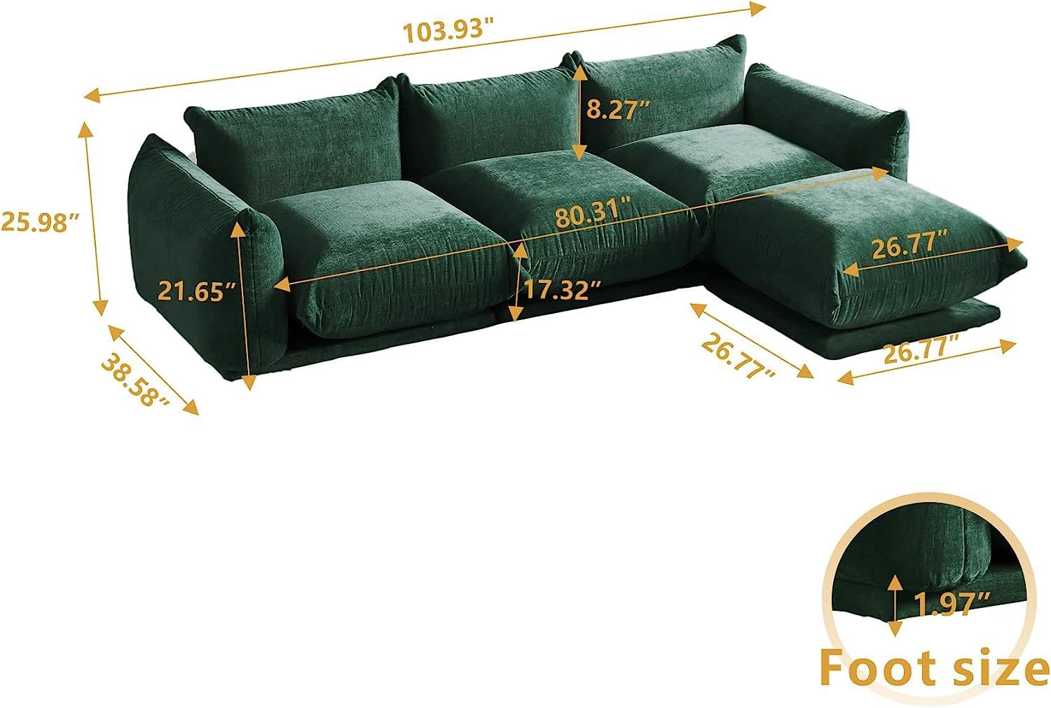 Sdorens Modern Sectional Sofa L Shaped Couch, 3-Seat Sofa with Ottoman for Living Room Apartment Office (103.9 in/Green)