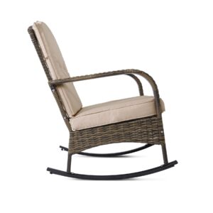 CIRMUBUY 3-Piece Outdoor Furniture Set, Patio Conversation Chair, Wicker Cushioned Patio Rocker with Side Table for Porch, Garden, Poolside & Deck, Beige