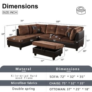 A Ainehome Sectional Sofa Set for Living Room, L Shape Sectional Couch with Large Storage Ottoman for Apartment, Living Room Furniture Set for Home (Left Hand Facing, B-Chocolate)