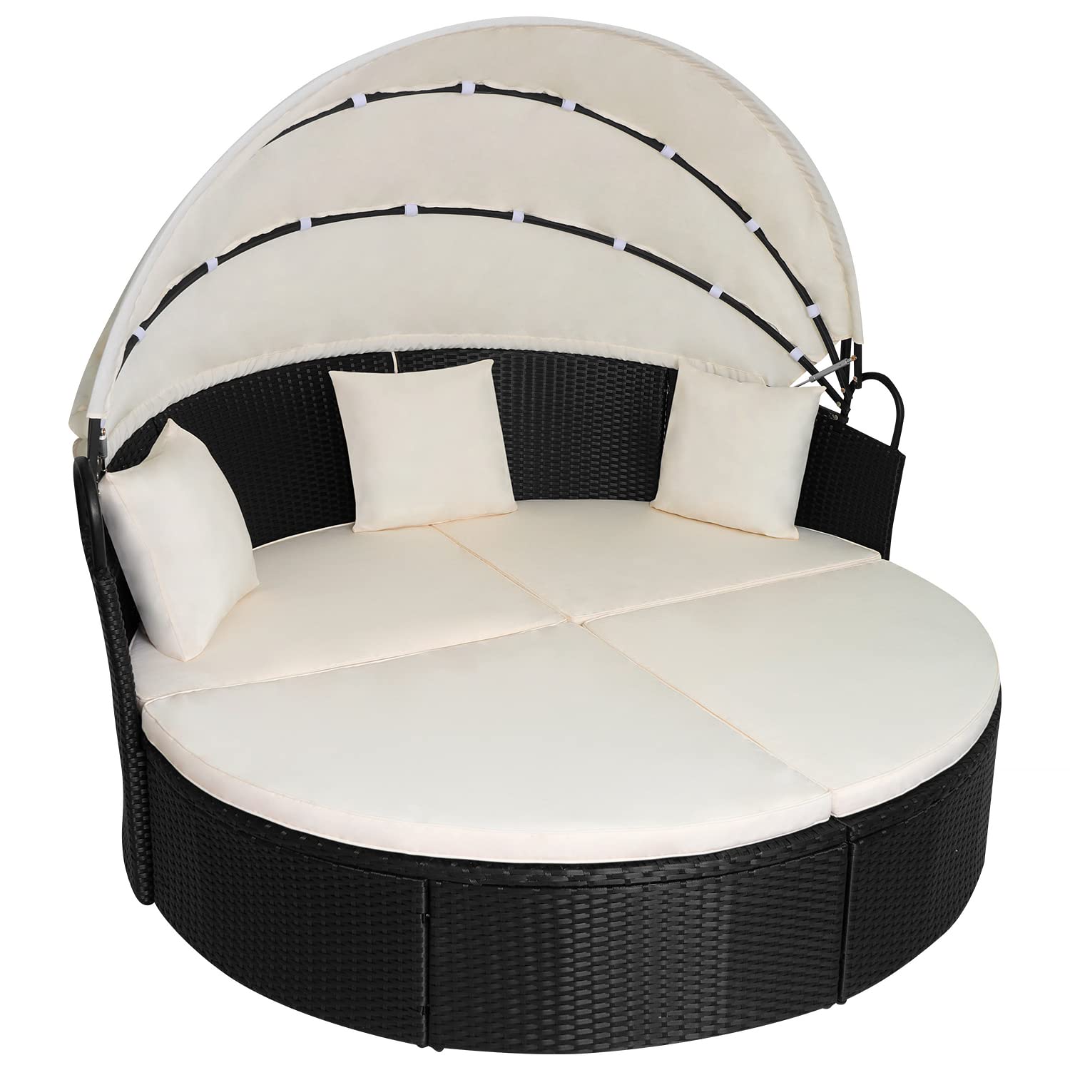 Outdoor Round Daybed Wicker Patio Furniture Outdoor Furniture with Retractable Canopy Rattan Separated Seating Sectional Sofa Khaki Washable Cushioned and Three Pillow for Patio Backyard Porch Pool