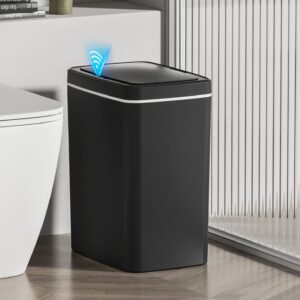 sooyee bathroom trash can with lid automatic garbage can,3.7 gallon smart trash can,14 l plastic trash bin,touchless trash can for kitchen,office,bedroom,bathroom,living room,black