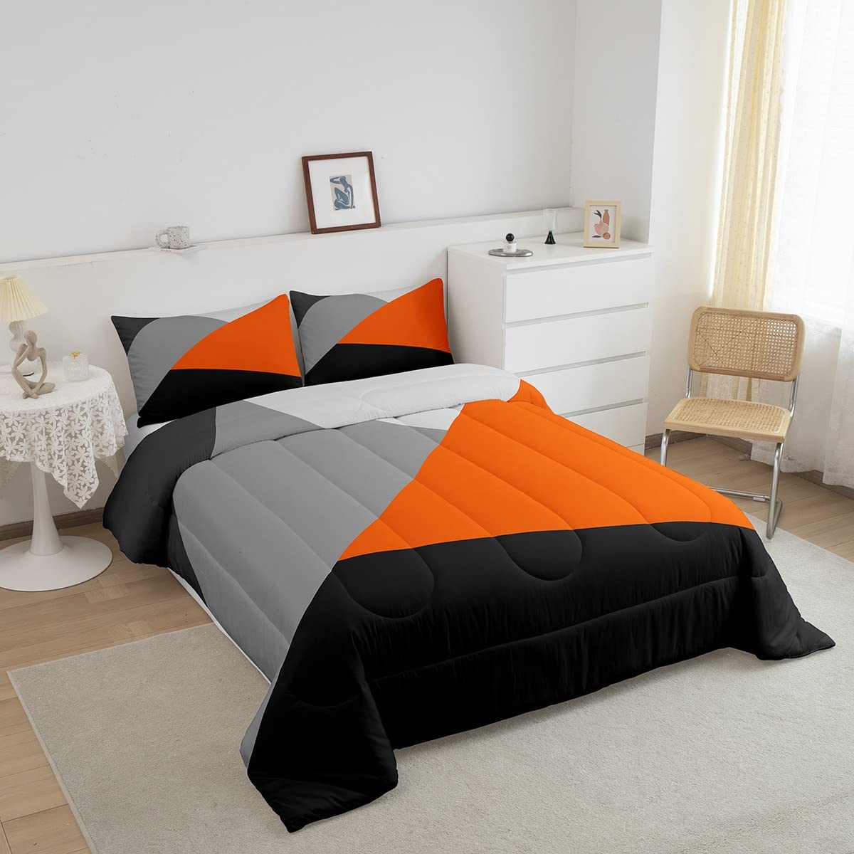 Orange And Gray Comforter Set Queen Patchwork Geometric Triangle Bedding Set Orange Black Light Grey Down Comforter For Kids Adults Modern Simple Abstract Geometry Quilt Duvet Insert 2 Pillow Cases