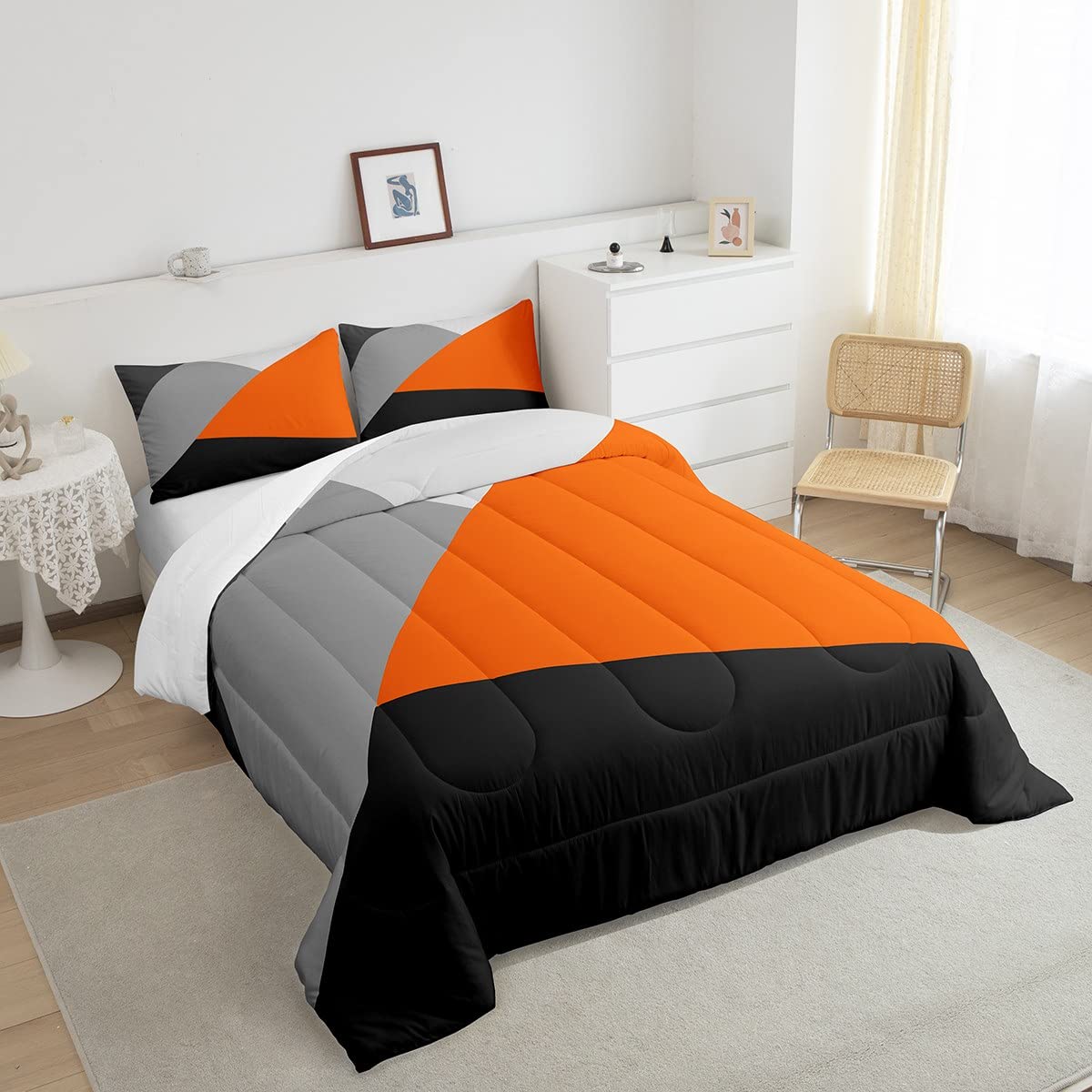 Orange And Gray Comforter Set Queen Patchwork Geometric Triangle Bedding Set Orange Black Light Grey Down Comforter For Kids Adults Modern Simple Abstract Geometry Quilt Duvet Insert 2 Pillow Cases