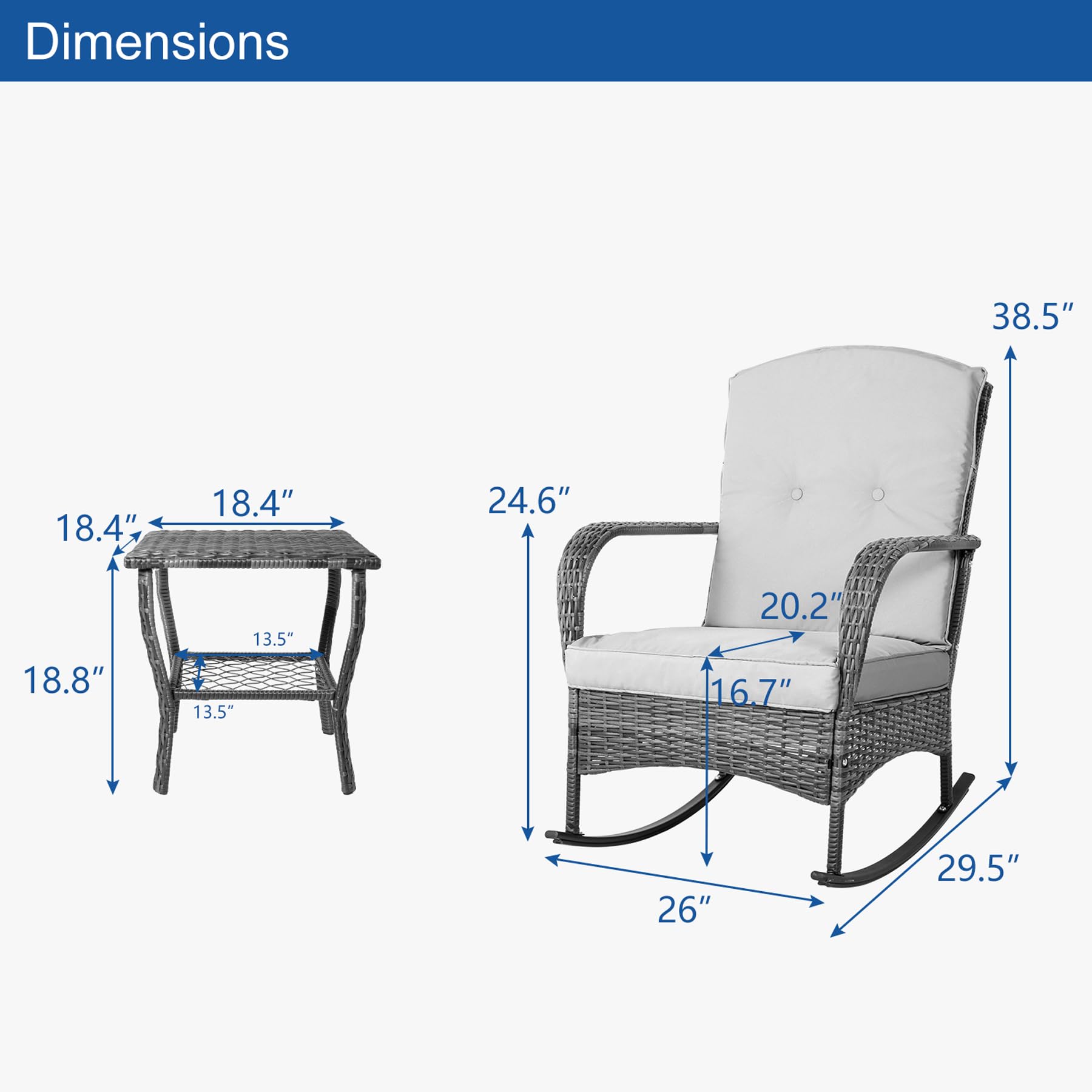 CIRMUBUY 3-Piece Outdoor Furniture Set, Patio Conversation Chair, Wicker Cushioned Patio Rocker with Side Table for Porch, Garden, Poolside & Deck, Beige