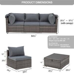 HOMREST 6 Pieces Patio Furniture Sets, Rattan Daybed with Retractable Canopy, Outdoor Sectional Sofa Set with Adjustable Backrest, Chaise Chair Sunbed for Garden Poolside Backyard（Grey）