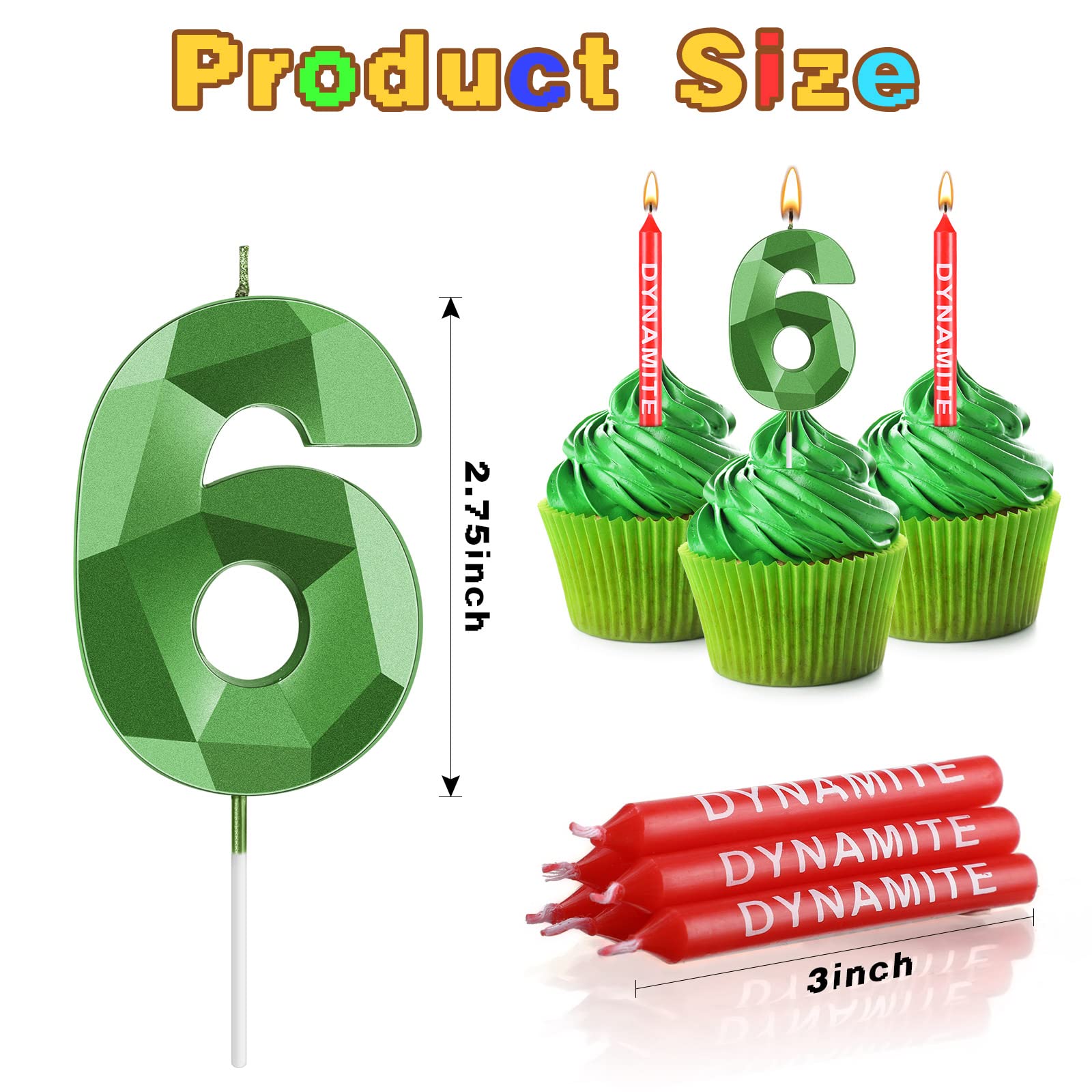 13 Pcs Dynamite Candles TNT Themed Birthday Cake Candles 3D Design Green Number Candles TNT Cake Toppers for Kids Adults Wedding Baby Shower Birthday Video Game Party Supplies (Number 6)