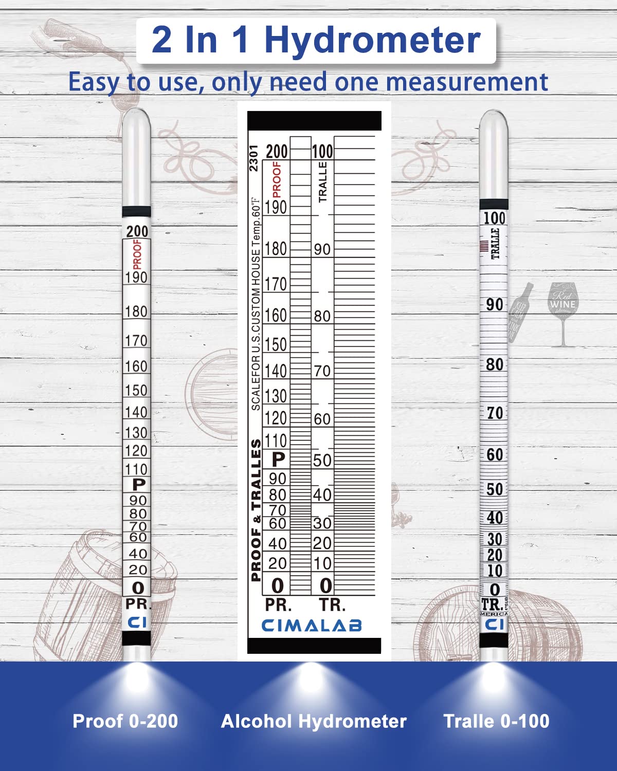 Cimalab Hydrometer Alcohol Meter, Hydrometer Alcohol 0-200 Proof and Tralle Alcohol Hydrometer, Alcohol Proof Tester Hydrometer, Alcohol Tester for Liquor/Moonshine/Spirits/Proofing/Distilled