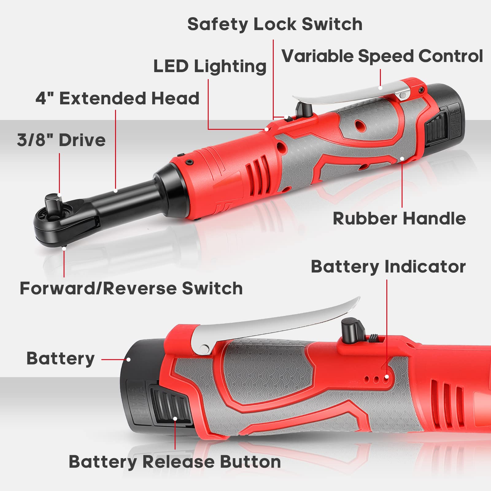 FAHKNS 18V Extended Cordless Ratchet Wrench 3/8 Electric Wrenches Set 45 ft-lbs (60 N.m) 400RPM Power,2 Battery 2.0Ah Lithium-Ion,7 Sockets (10/11/12/13/14/15/17mm) And Charger,Variable Speed Trigger