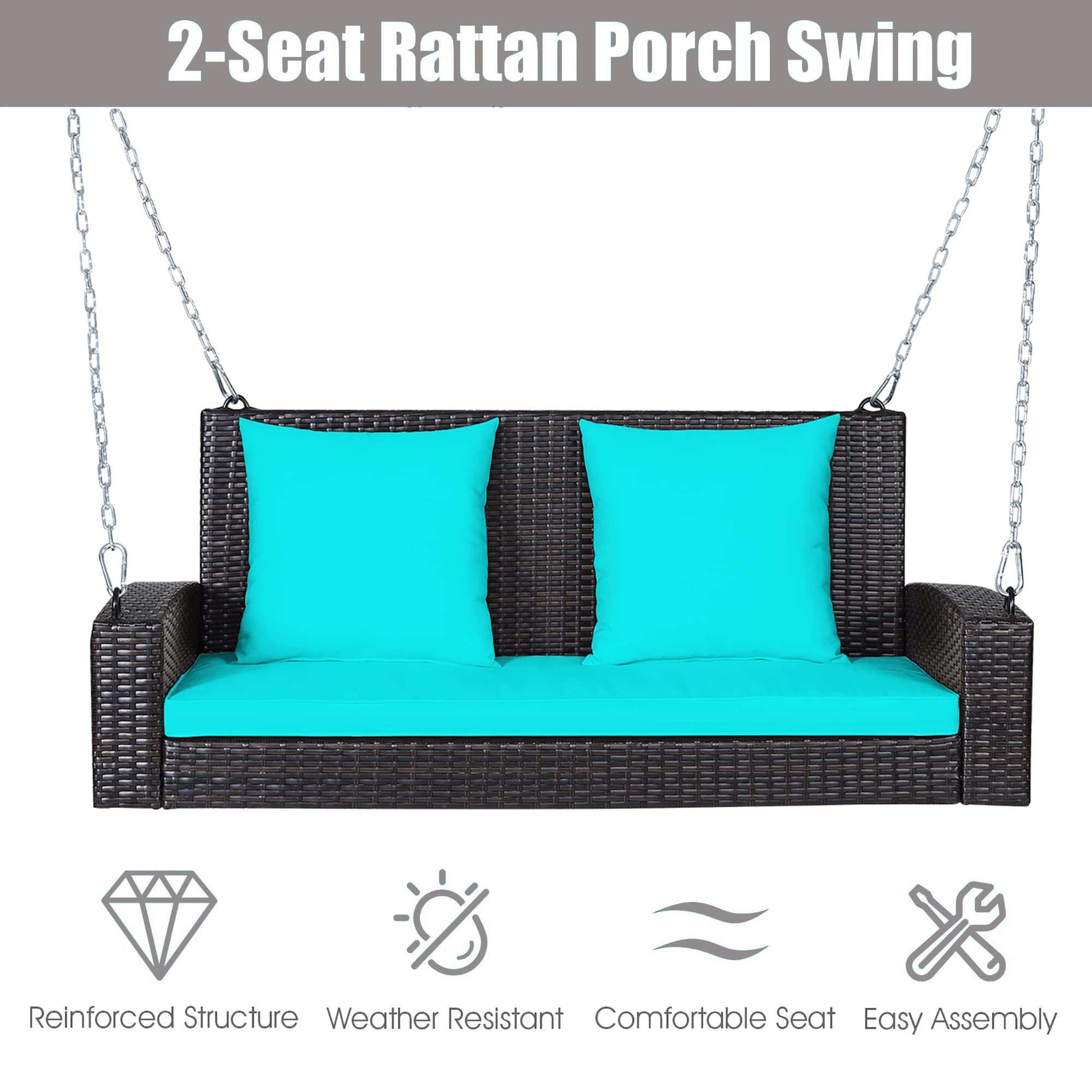 UJOYPAYD Hanging Porch Swing Bench,Heavy Duty 800 LBS 2-Person Rattan Swing Chair with Soft Cushions,Metal Frame Wicker Swing Bench,7.9ft Reinforced Steel Chain for Deck, Backyard, Garden (Turquoise)