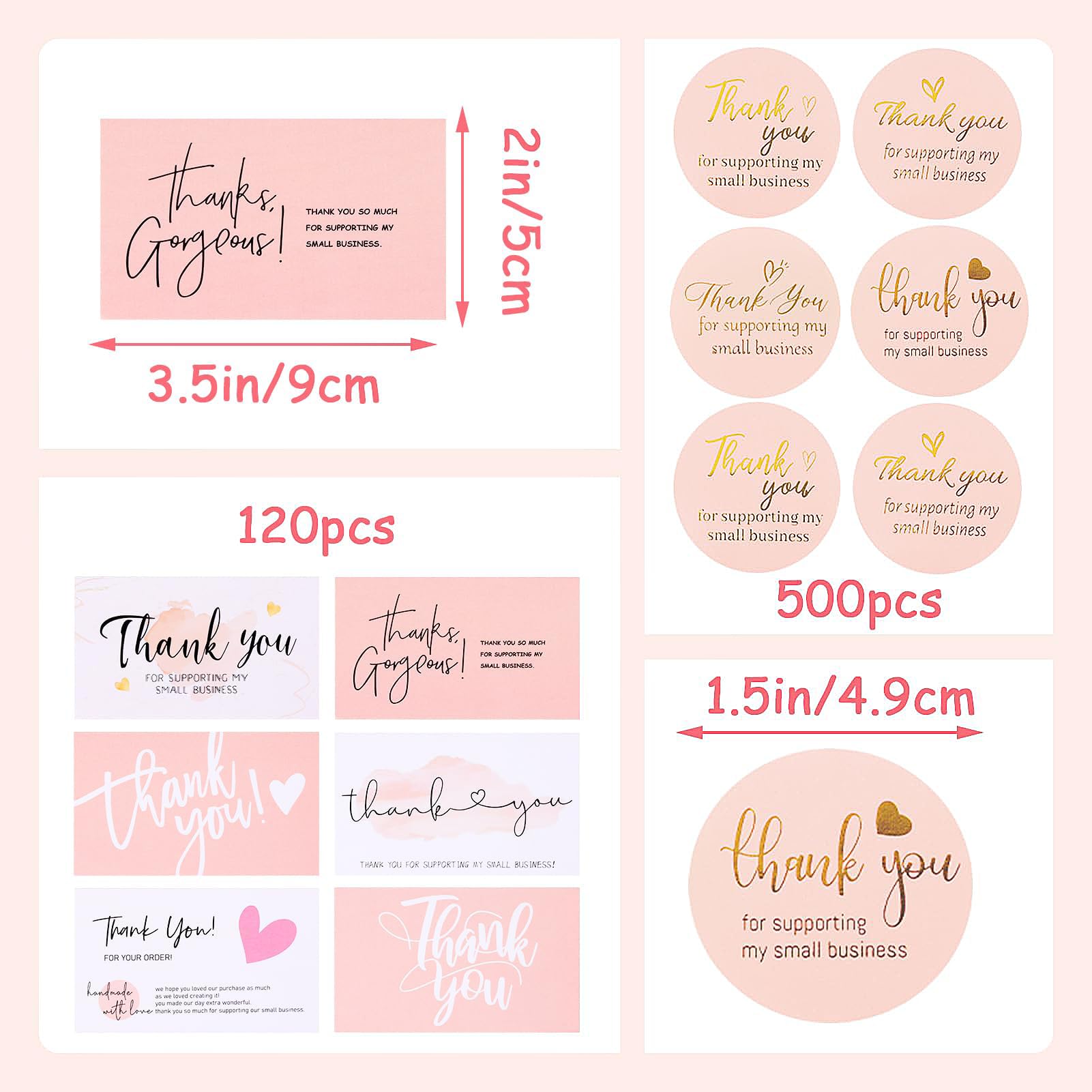 TUCEWP 620Pcs Thank You Cards and Stickers Set, Include 120 Thank You Cards Small Business Bulk 500 Thank You for Your Order Stickers Pink Thank You Stickers for Packaging Envelope Seals Business