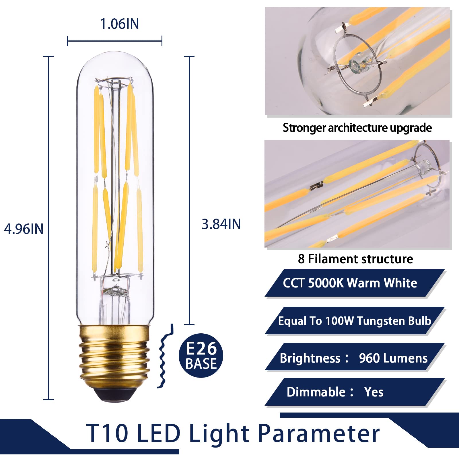 CREATE BRIGHT Candelabra Led Light Bulbs T10 Tubular Edison LED Filament Bulb 8W E26 Daylight White 5000K,Clear Glass,960LM,6 Pack