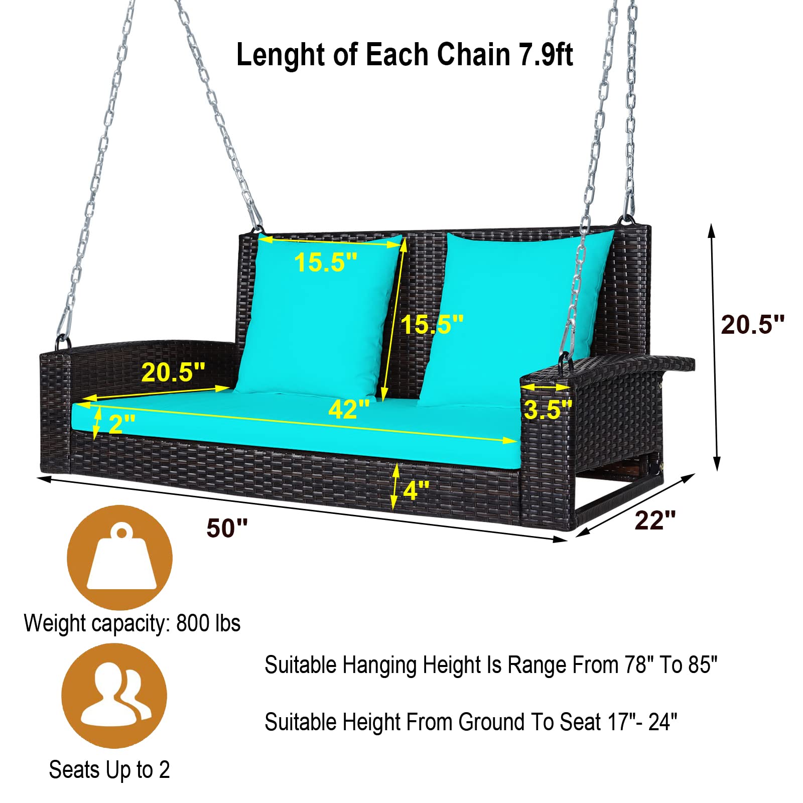 UJOYPAYD Hanging Porch Swing Bench,Heavy Duty 800 LBS 2-Person Rattan Swing Chair with Soft Cushions,Metal Frame Wicker Swing Bench,7.9ft Reinforced Steel Chain for Deck, Backyard, Garden (Turquoise)