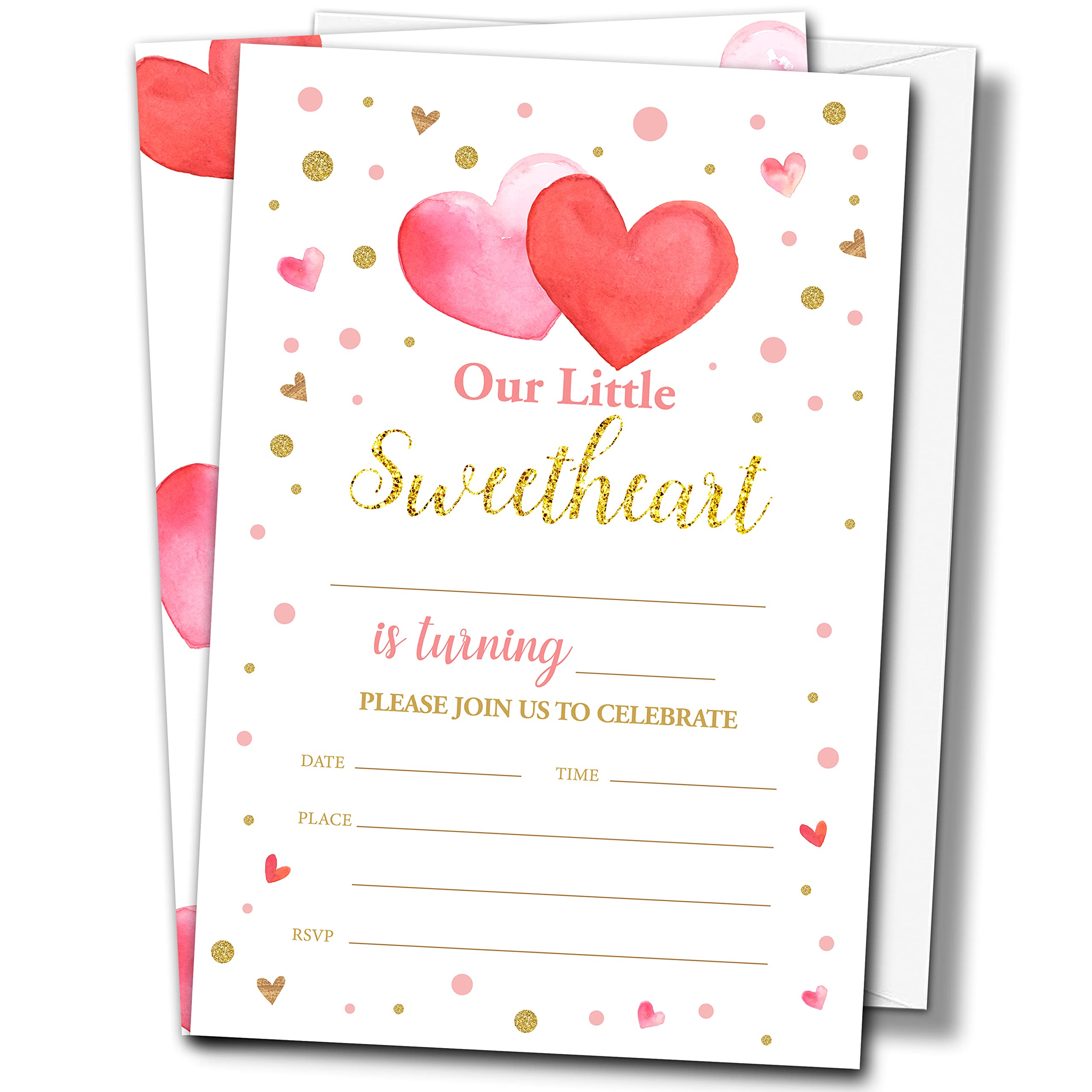 Buildinest Sweetheart Birthday Party Invitations with Envelopes (20-Pack), 4"x6" Pink Red Watercolor Hearts Birthday Invitation Cards, Fill-in Style Party Invites-B12