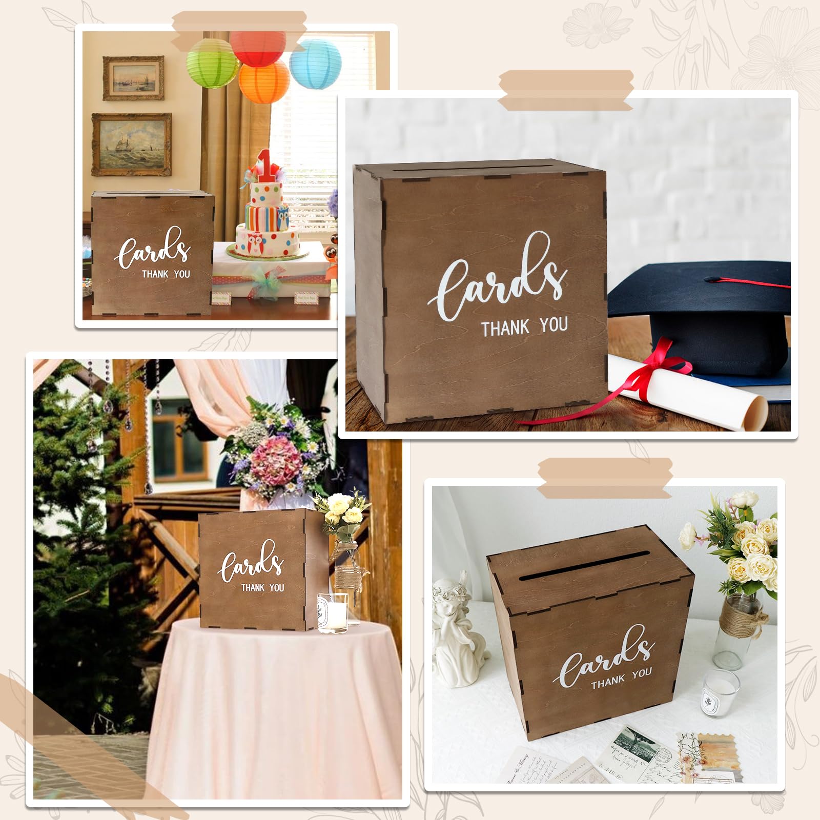 OurWarm Wedding Card Box with Lid, Wood Gift Card Box for Wedding Reception, Rustic Envelope Money Box for Wedding Party Birthday Bridal Shower Baby Shower Graduation Decorations (10x10x6 inches)