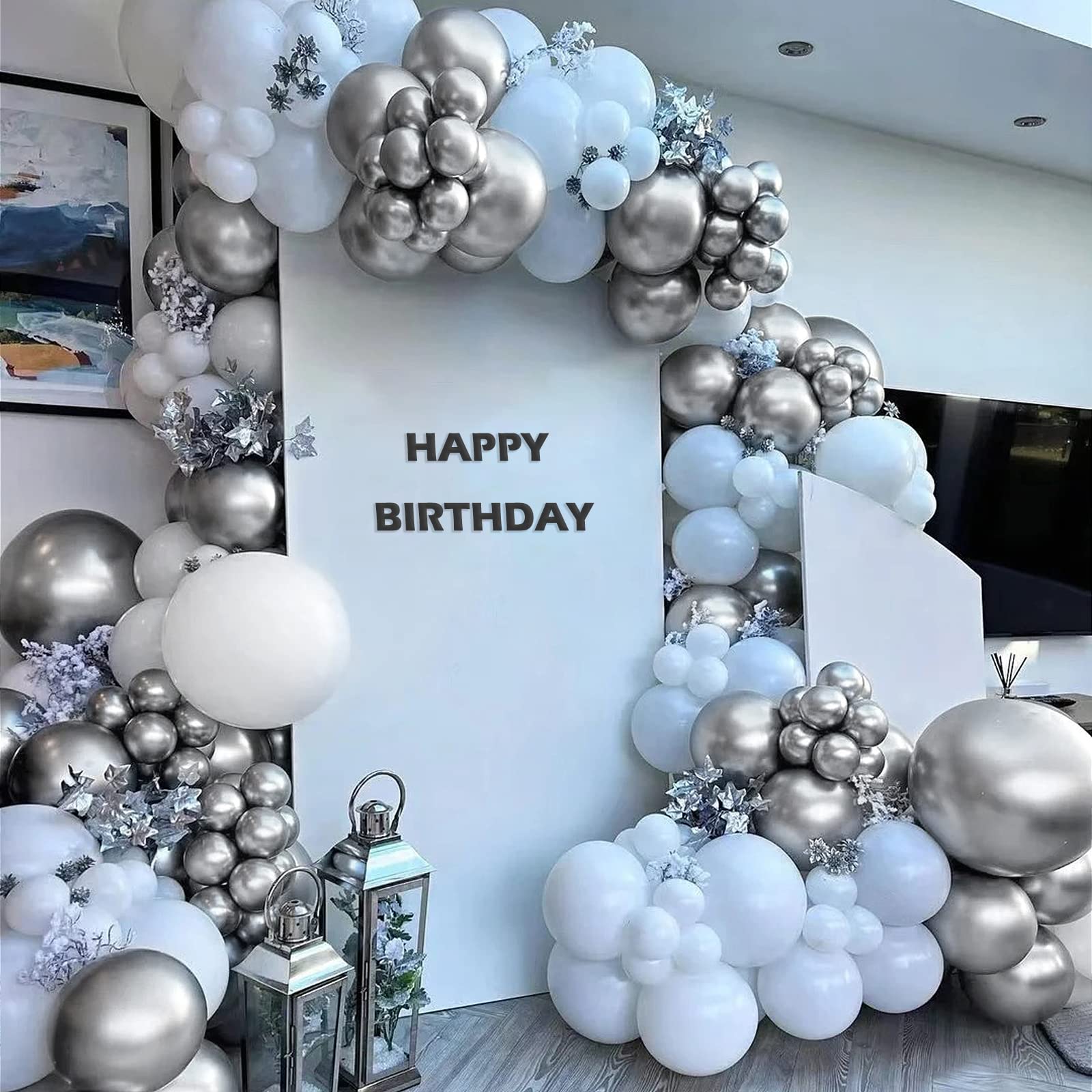 FOTIOMRG 110pcs Metallic Silver Balloon Garland Arch Kit, 18 12 10 5 inch Chrome Silver Latex Balloons Different Sizes Pack for Birthday Graduation Baby Shower Disco Wedding Party Decorations