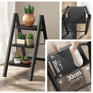 Hershii Portable 3 Step Ladder Folding Step Stool with Anti-Slip Sturdy and Wide Pedal Steel Metal Stepladder Home Storage Shelf Plant Stand Bookshelf for Kitchen, Garden, Office, Garage - Black