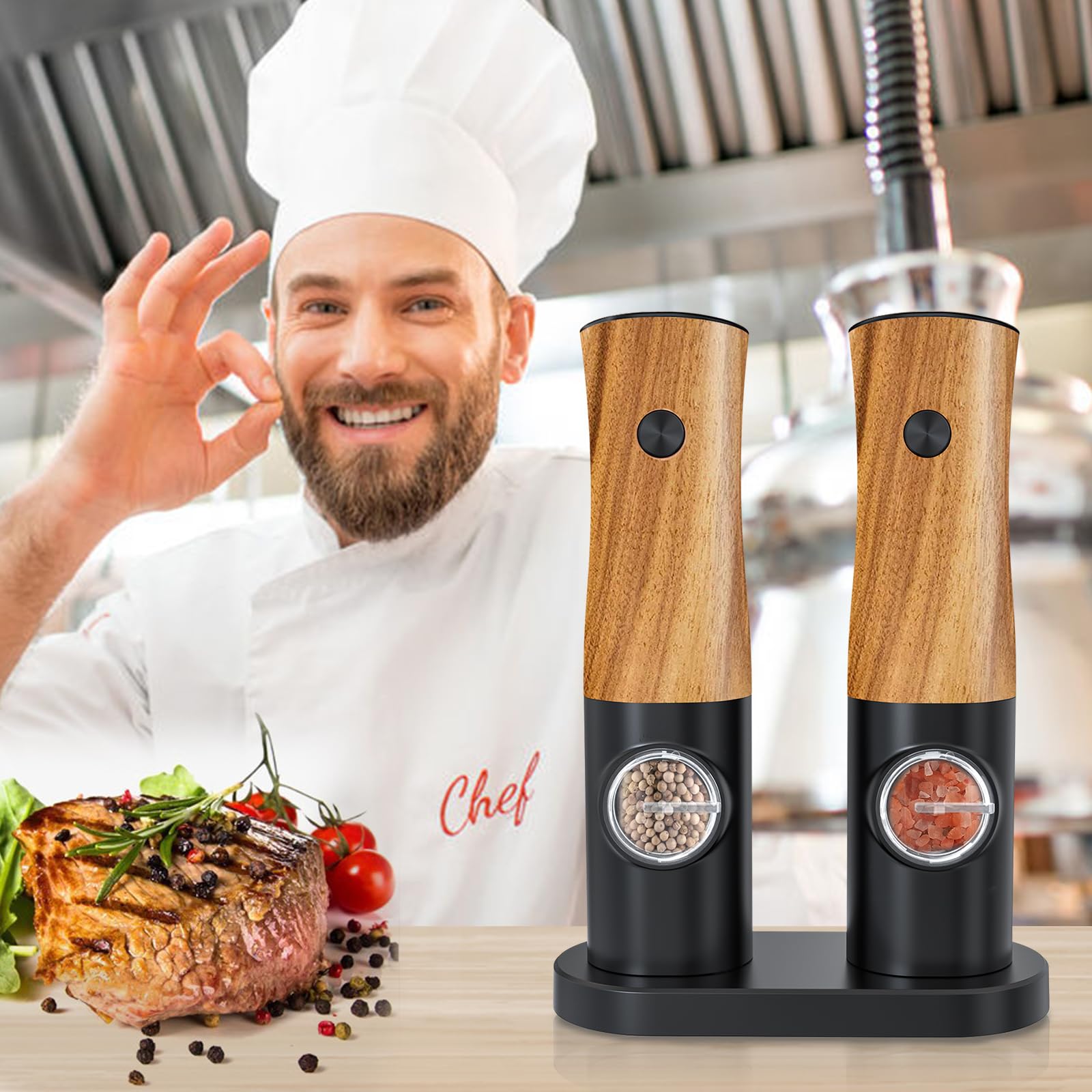 Electric Salt and Pepper Grinder Set - Salt and Pepper Shakers Set Automatic Battery Powered Salt Grinder with Auto Light Adjustable For Gravity Operated Black and Wood Pepper Mill