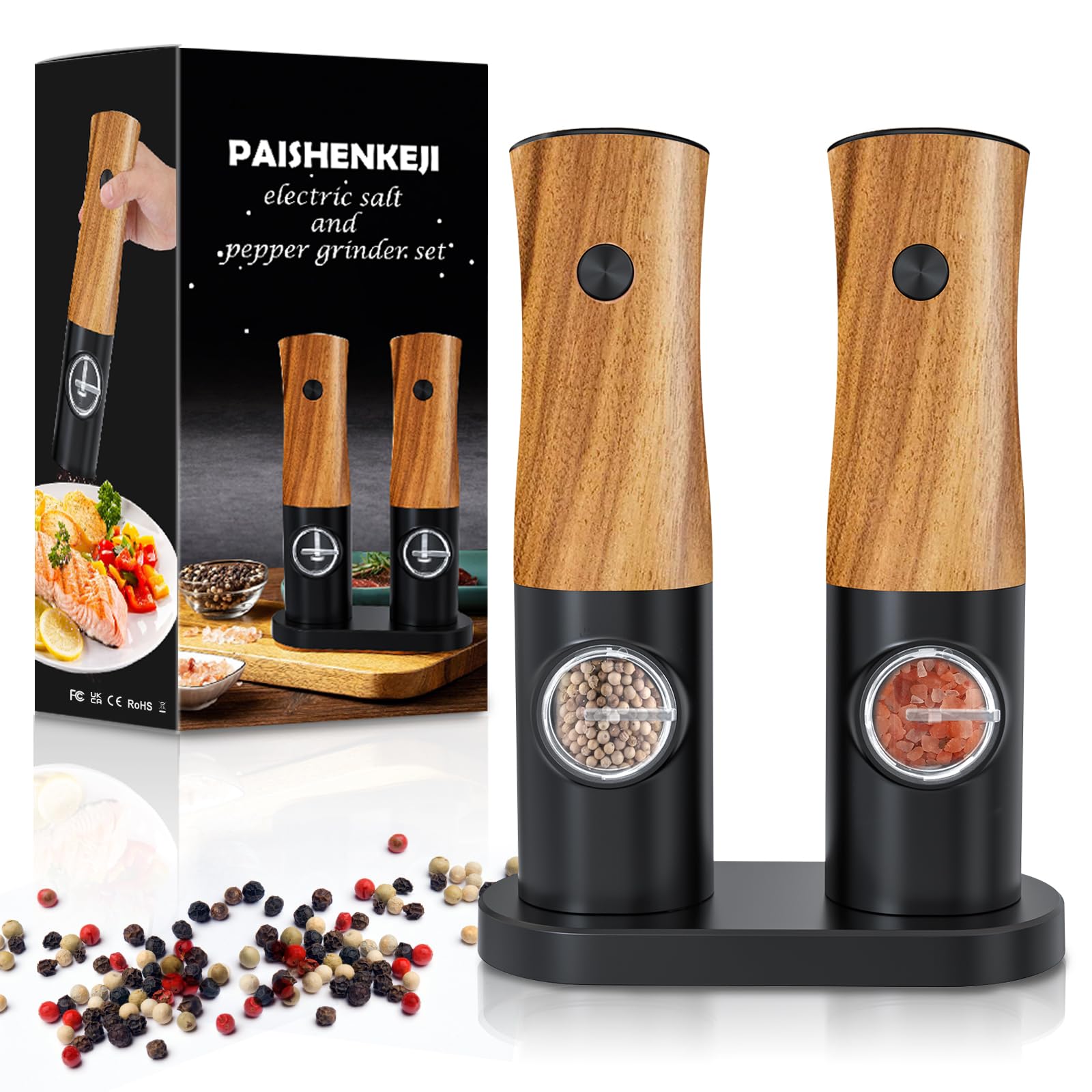 Electric Salt and Pepper Grinder Set - Salt and Pepper Shakers Set Automatic Battery Powered Salt Grinder with Auto Light Adjustable For Gravity Operated Black and Wood Pepper Mill