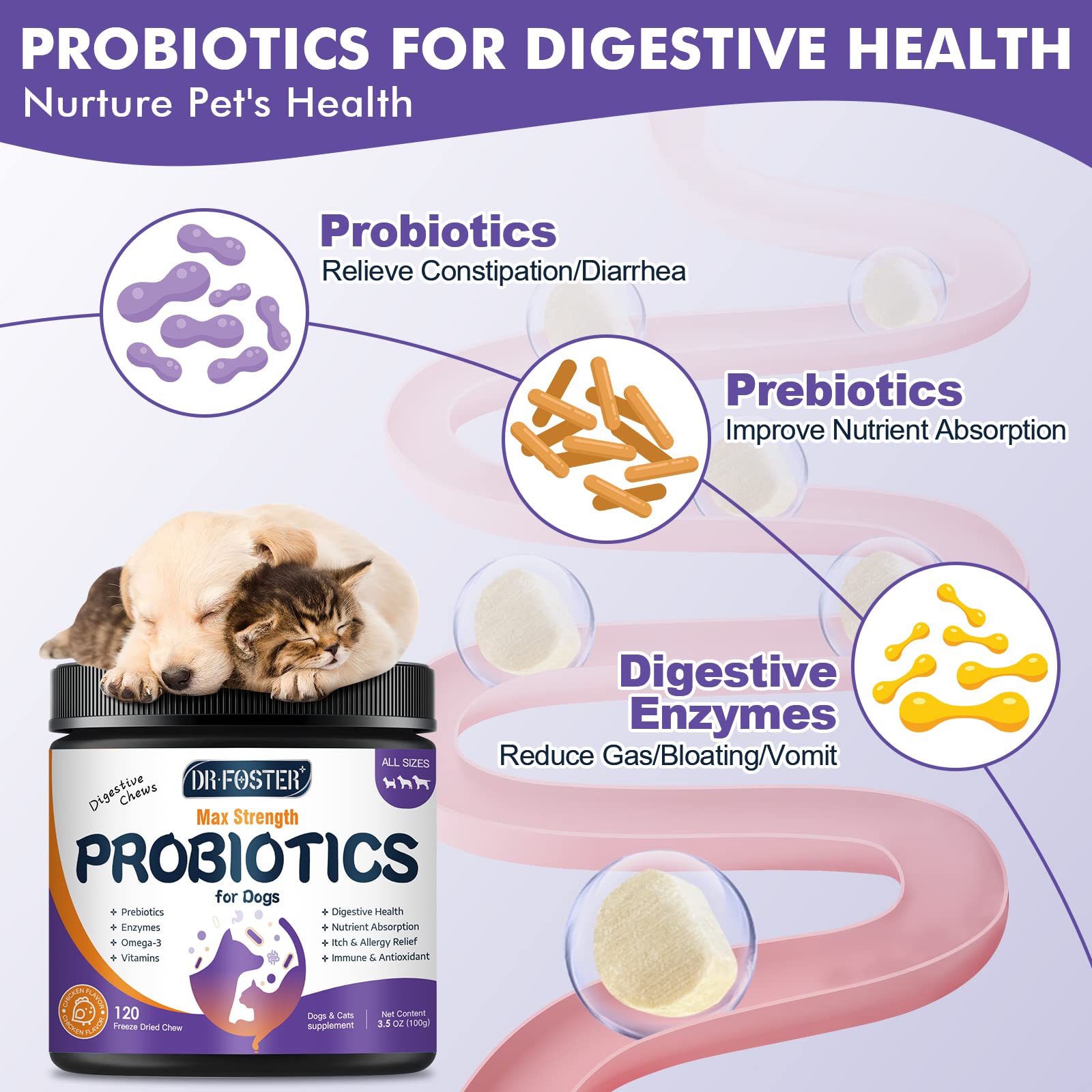 Probiotics for Dogs, Freeze-Dried Dog Probiotics and Digestive Enzymes, Plus Omega-3 for Itchy Skin, 3-in-1 Prebiotics for Digestive Health, Dog Vitamins and Supplements for Immune Health, 117 Bites