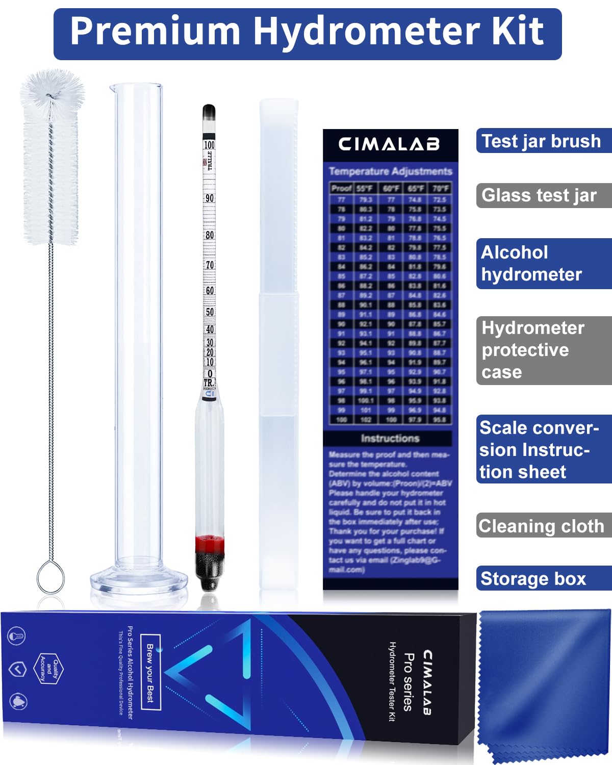 Cimalab Hydrometer Alcohol Meter Kit, Hydrometer Alcohol 0-200 Proof & Tralle with Hydrometer Test Jar, Alcohol Proof Tester Hydrometer, Alcohol Tester for Liquor/Moonshine/Spirits/Proofing/Distilled